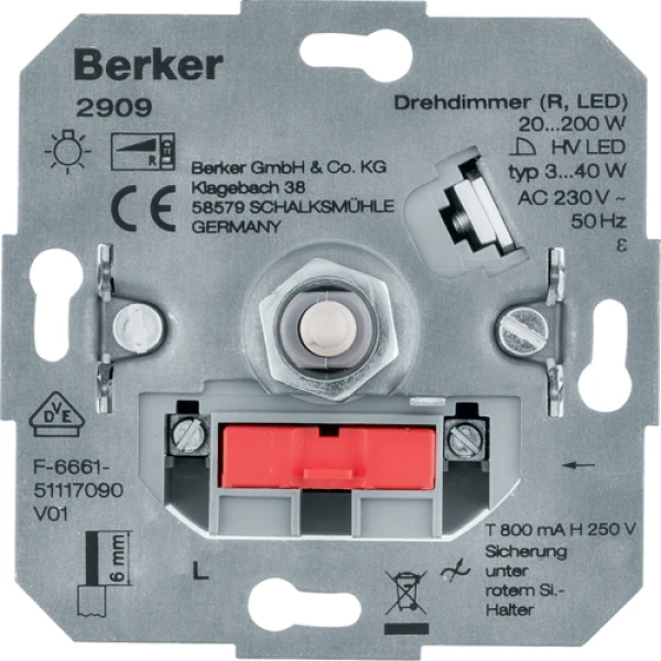 Диммер поворотний, ЛН/ВВГЛ 20-200Вт, LED 3-40Вт, 230В Berker 2909