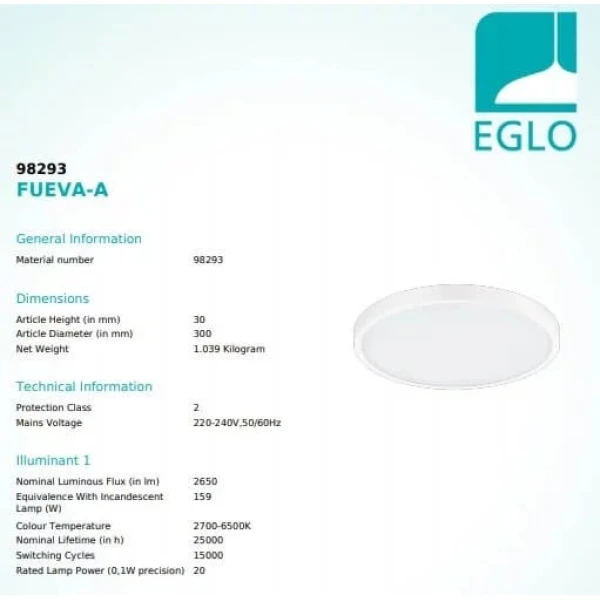 Стельовий світильник Eglo FUEVA 20Вт білий 98293 - Фото 3