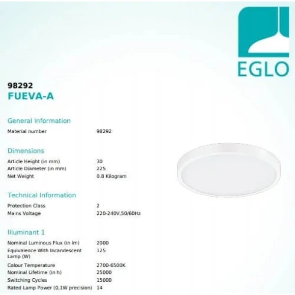 Стельовий світильник Eglo FUEVA 14Вт білий 98292 - Фото 2