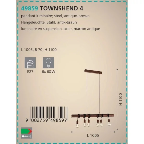 Підвісний світильник Eglo TOWNSHEND E27 коричневий 49859 - Фото 2