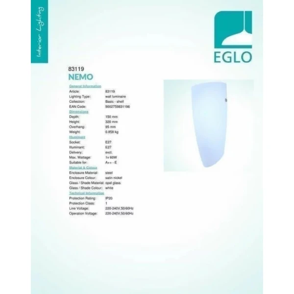Бра Eglo NEMO E27 7Вт білий 83119 - Фото 4