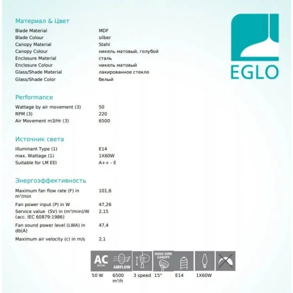Люстра-вентилятор Eglo GELSINA E14 білий 35041 - Фото 3
