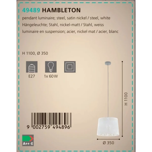 Підвісний світильник Eglo HAMBLETON E27 7Вт білий 49489 - Фото 3