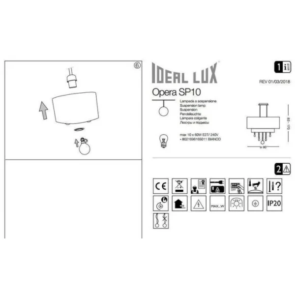 Підвісний світильник IDEAL LUX OPERA E27 білий 165011 - Фото 3
