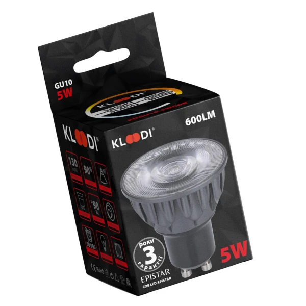 Лампочка LED GU10 5W 4000К 600Lm Kloodi KDGU10-5WCOB 4K BK - Фото 2