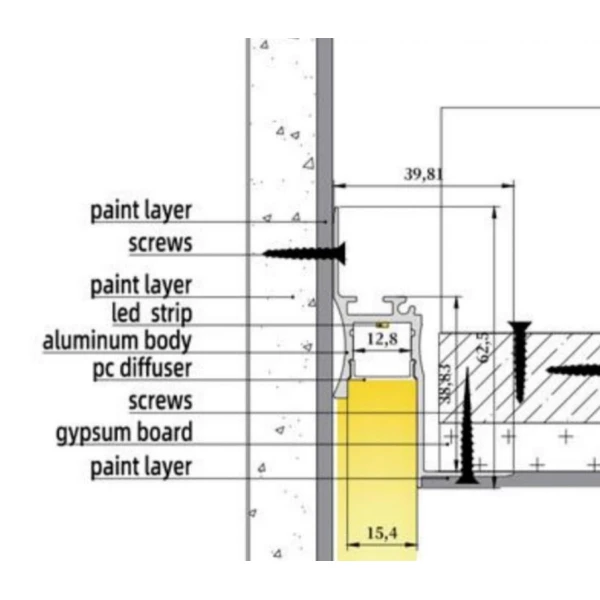 Алюмінієвий профіль KLP4062TR_3 KLOODI для LED стрічок, з розсіювачем врізного монтажу (ефект "тіньового шва") 3м. (Ціна за 1 штуку) - Фото 2