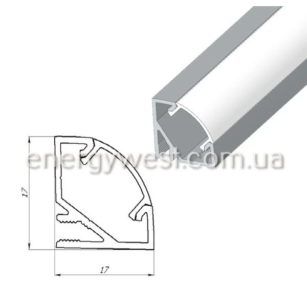 Алюмінієвий кутовий профіль ЛПУ17 для LED стрічок, з розсіювачем LP. (Ціна за 1 м.п.) - Фото 1