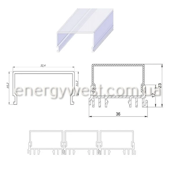 Профіль широкий алюмінієвий ЛСС для LED стрічок, з розсіювачем, LP. (Ціна за 1 м.п.) - Фото 6