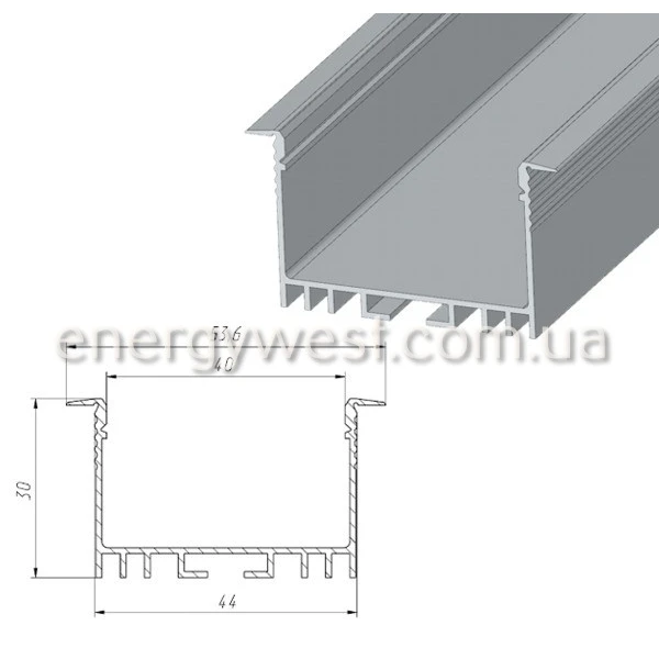 Профіль  врізний широкий алюмінієвий ЛСВ40 для LED стрічок, з розсіювачем, LP. (Ціна за 1 м.п.) - Фото 4