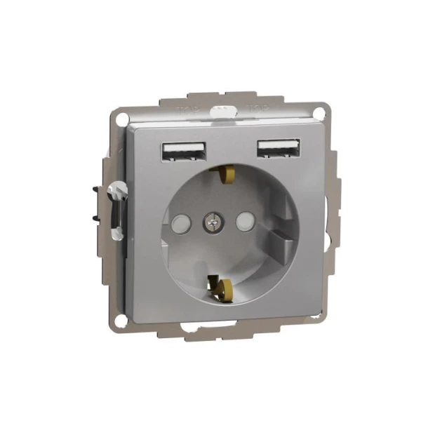 Розетка з заземленням + 2 USB тип А Sedna Design SDD113052, колір - алюміній IP20 Schneider Electric - Фото 1