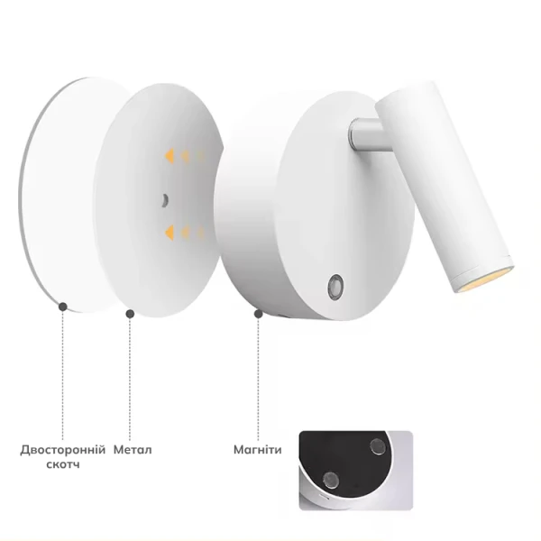 Бра спрямованого світла Kloodi DECO WA-ENOA78 3K-6K 5V WH з акумулятором - Фото 2