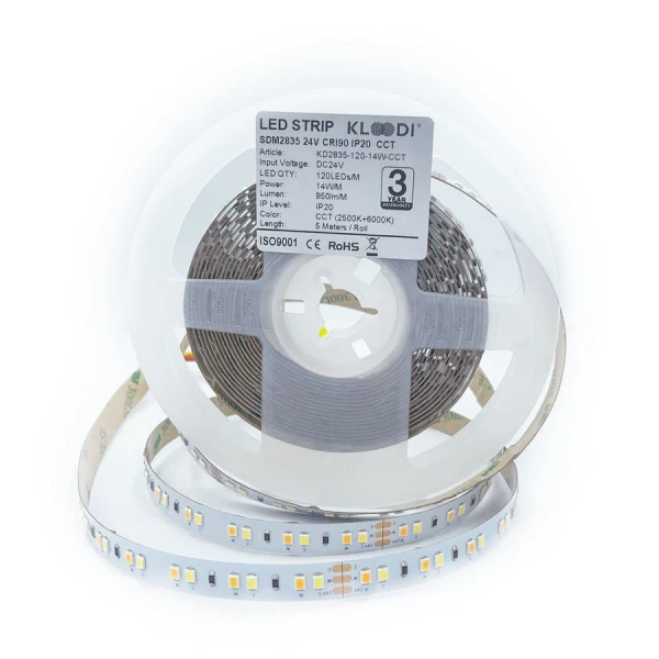 Світлодіодна стрічка Kloodi KD2835-120-14W-CCT-24V 14W 120LED 2500-6000K 950LM IP20 24V - Фото 2