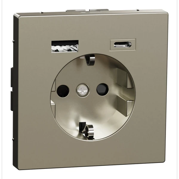 D-Life розетка з 2 USB, 3А, тип А+С, нікелевий Merten MTN2367-6050 Schneider Electric - Фото 1