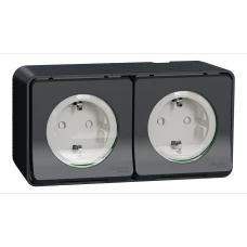 Schneider Electric Mureva Styl MUR36029. Блок 2 розетки з заземленням, шторками IP55, поверх.монтаж, чорний