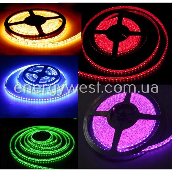 Світлодіодна стрічка SMD 3528-120, IP20, 5 Lm/led  синя, жовта, червона, зелена - Фото 1