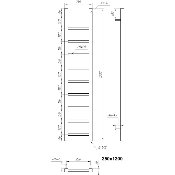 Рушникосушка з нержавіючої сталі Scala 1200*250 мм Genesis Aqua - Фото 2