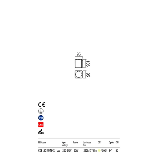 Фасадний світильник 90032 XIA AP LED COB 20W IP54 DG 4000K(SQ) REDO - Фото 3