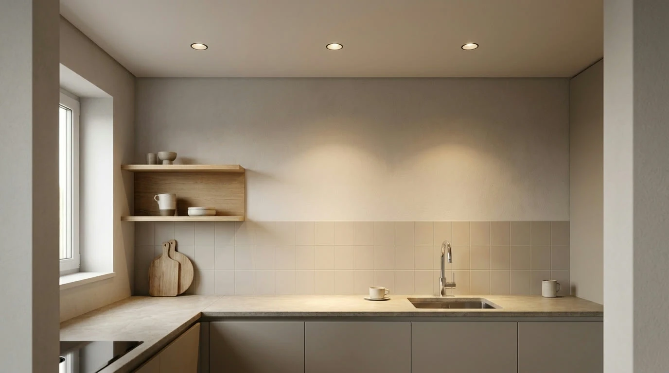 Кухня з рядом врізних точкових світильників над стільницею